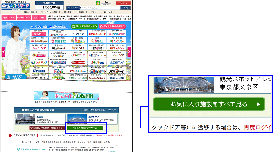 トップページの「お気に入り施設」